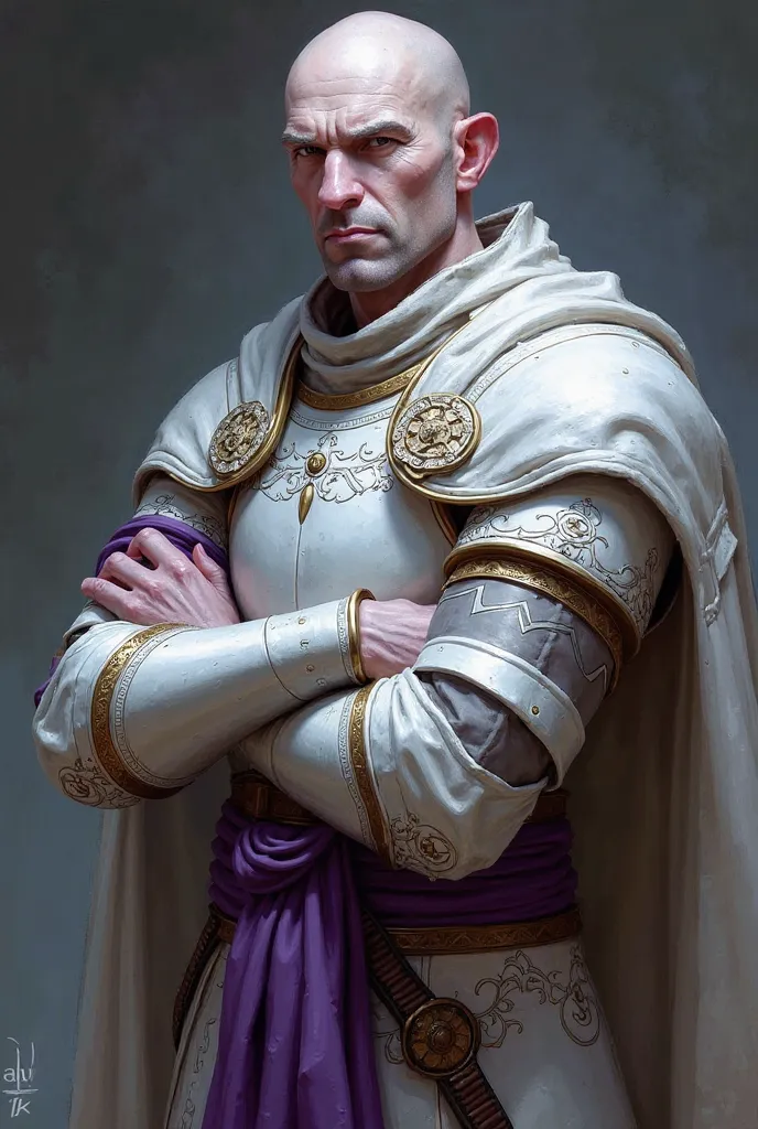 A highly detailed, 4K resolution digital painting of a bald Tabaxi paladin in a Dungeons & Dragons fantasy style. He wears intricate, pristine white armor adorned with subtle engravings. A purple handkerchief is tied firmly around his arm (specifically on ...