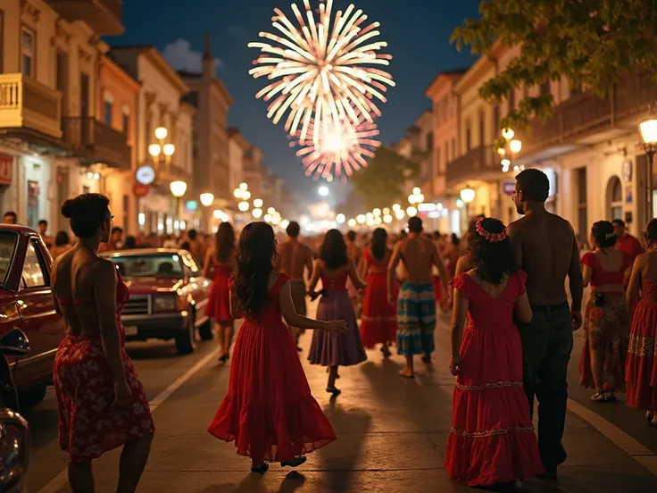 large group of people dancing in the streets of a Latin city, just looked at the camera, posing for the photograph, everyone comes dancing forward, Hispanic festival night, all dressed in different Latin outfits, "festival dancing" everyone happy with fire...