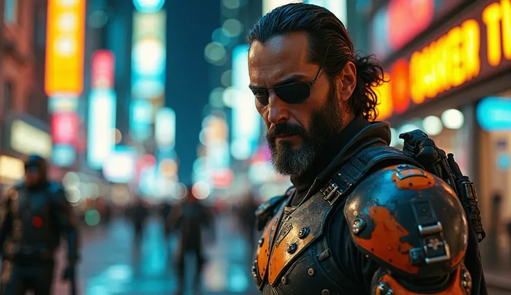 "A cinematic, ultra-realistic depiction of Keanu Reeves as Deathstroke in a futuristic, neon-lit city at night. He wears a battle-damaged, high-tech black and orange armored suit with metallic shoulder pads and tactical straps. His face has battle scars, a...