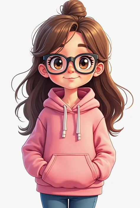 Create a cute cartoon animation picture of 20 to 25 year old girls.  This cartoon image will have a glasses in the eyes and the eyes will be very beautiful.  Her beautiful hair will be on both sides of her head.  She will have a pink hoodie draped over her...