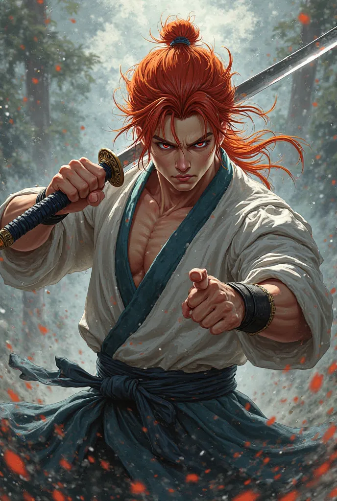 Anime redhead white man holding katana
