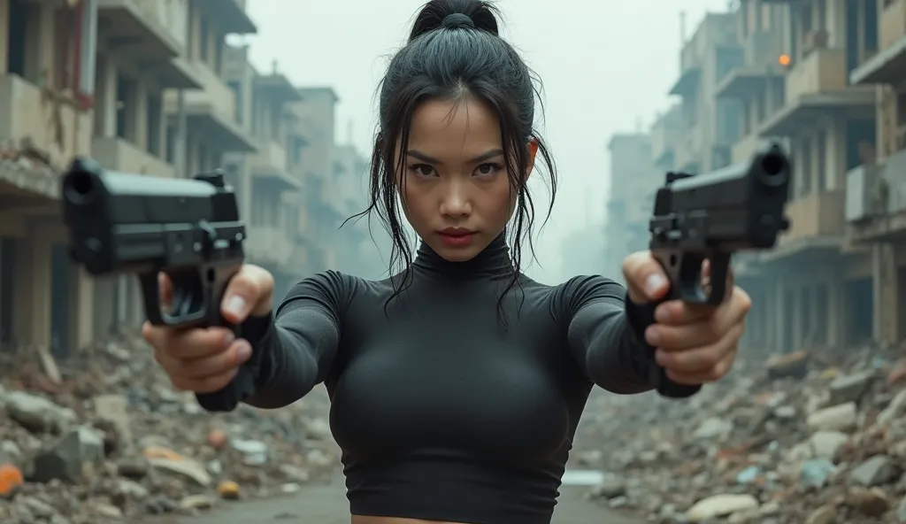 an angry beautiful Chinese mercenary with two guns with short wavy wet hair in tight black clothes against the background of a ruined city