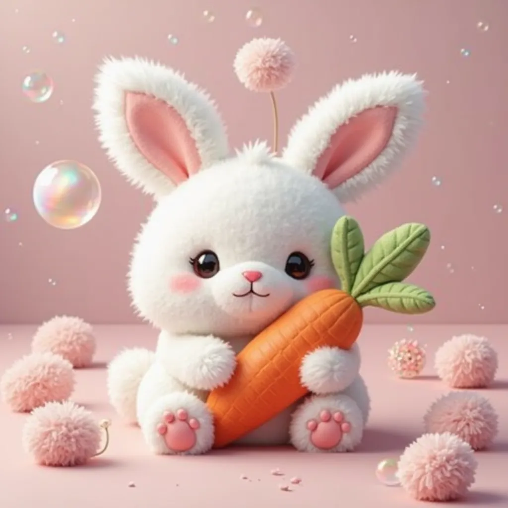 Cute white bunny hugging a carrot soft plushie colores pastel, multicolor, extremely fluffy soft lighting tierno, cotton candy, vibrant colors, pompoms, easter details, holographic bubbles in the background, extremely fluffy pet, pelo holográfica, simple b...