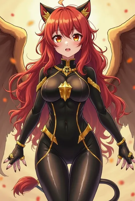 Oc anime of girls long wavy red hair yellow eyes with red not very big eyes chubby with wide hips not very big breasts chubby legs a sexy tight hero costume in black and gold with a lion's tail and huge golden ears and wings 