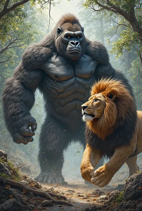 Show me a gorilla and a lion together