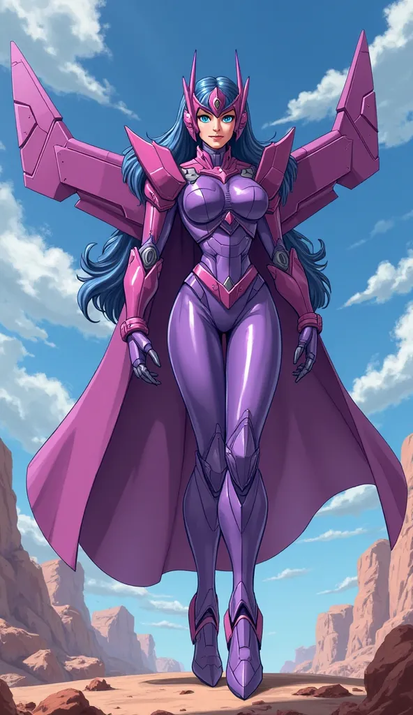 A purple female Autobot with jet and vehicle modality, with blue eyes and with a cape around her waist and with Jet wings on her back. Whatever in animation style 