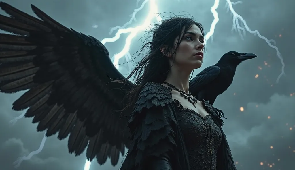 A dark and beautiful Morrigan, the Celtic goddess of war, with raven wings and a crow perched on her shoulder. She gazes into the distance, foreseeing the fate of warriors. The sky is dark with storm clouds, and lightning strikes in the background. Moody, ...