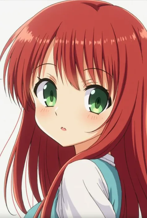 anime girl with long red hair and green eyes looking at camera, an anime drawing inspired by Taiyō Matsumoto, trending on pixiv, shin hanga, anime visual of a cute girl, today's featured anime still, an anime girl, close up of a young anime girl, profile o...