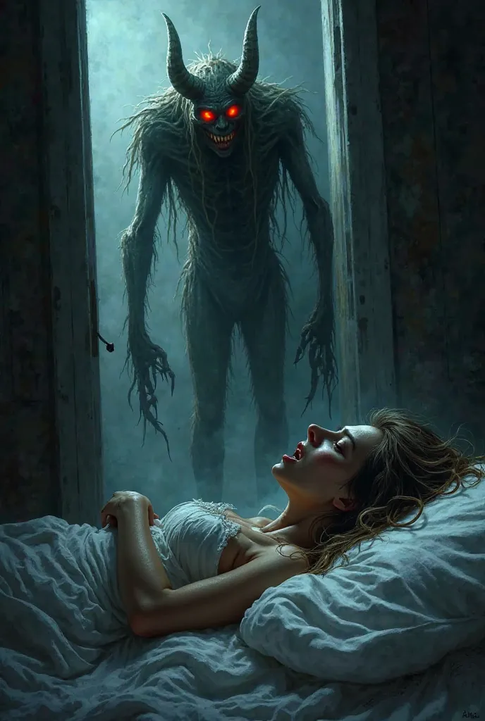 Frightened woman lying in bed looking at the door and a tall, thin and terrifying creature with horns and red eyes entering the door