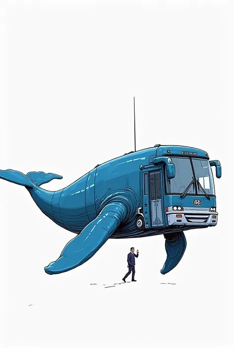 A big blue whale who is also a bus. Drawing. Black and white. deep lines