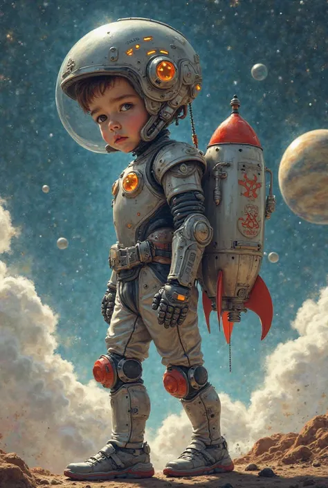 A boy dressed as a robot with a rocket It has a biohazard loge tide his back and the planet Saturn, Earth and the Moon 