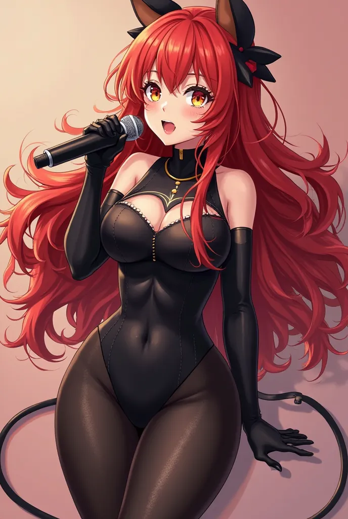 Oc anime of girls long wavy red hair yellow eyes with red eyes not very big chubby with wide hips breasts not very big chubby legs a sexy tight hero costume in black with a microphone in her hand singing 