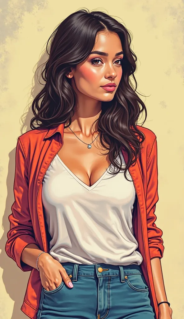 DISCREET image. With discreet casual clothes. image adult woman, american, comic book style. with a discreet smile. IMAGES WITH VIBRANT COLORS. just half body. a place with light colors