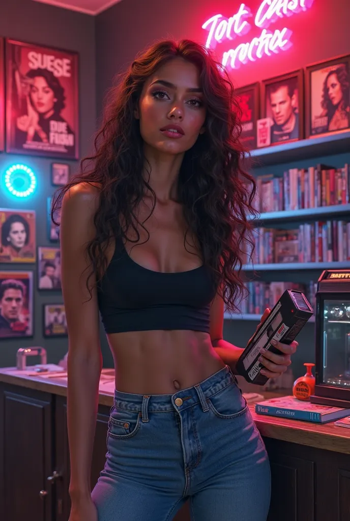 Erotic book cover, photorealistic illustration, 18-year-old brown girl, with long curly hair, an irresistibly sexy air and a sensual look, is behind the counter of a 90's neon rental store. She wears a tight tank top and high-waisted jeans,  typical of the...