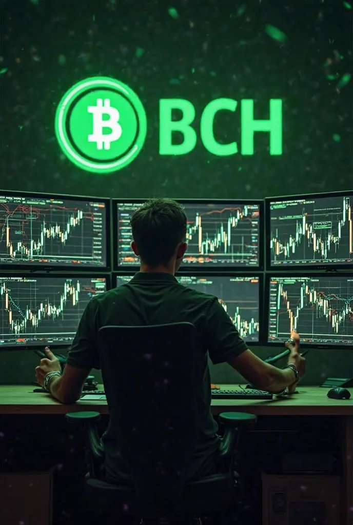 A confident crypto trader sitting at a desk with multiple screens showing BCH price charts. The trader is pointing at the chart with excitement, indicating a potential trade opportunity. The bold text says 'BCH Trade Signal!' with a glowing effect around '...