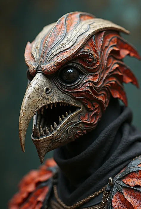 Fantasy mask inspired by the face of a parrot with a man's jaw for realistic and angry carnival