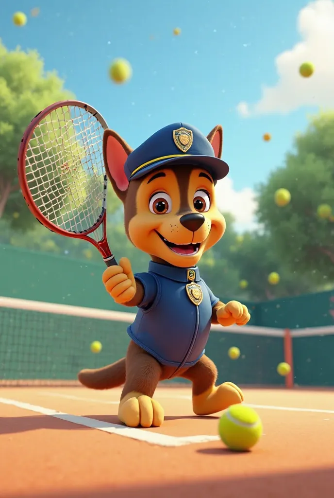 Peux tu créer un chien policier de type Disney qui joue au tennis sur un terrain de tennis