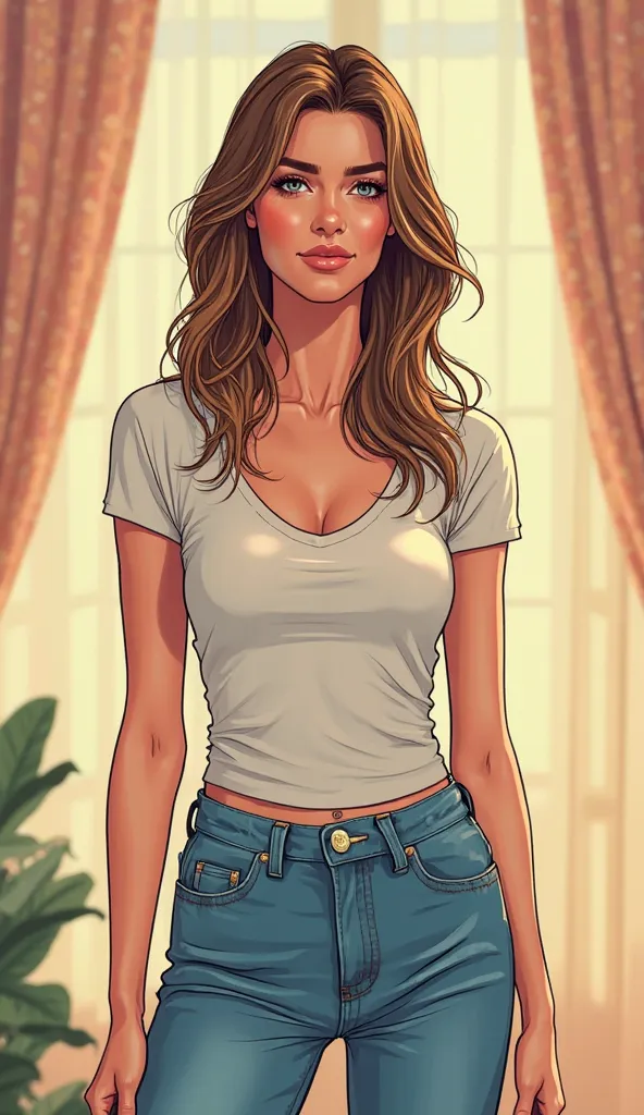 DISCREET image. With discreet casual clothes. image adult woman, american, comic book style. with a little smile. IMAGES WITH VIBRANT COLORS. just half body. a place with light colors