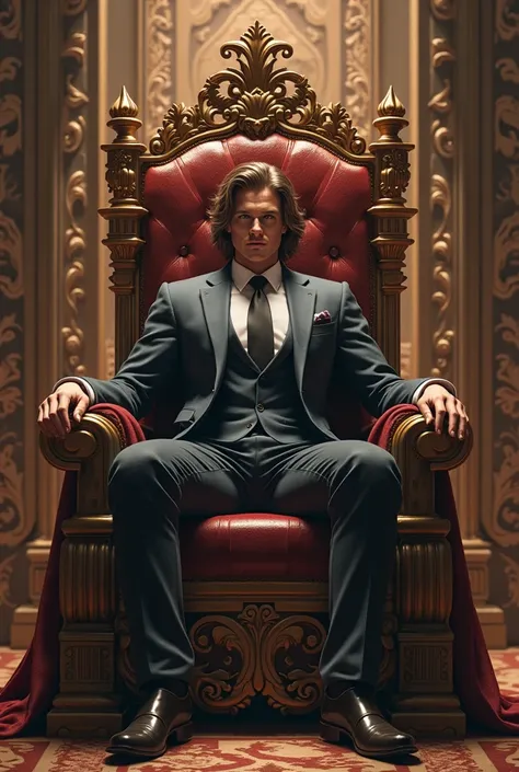 Brown hair half long curly muscular in suit sitting on throne 