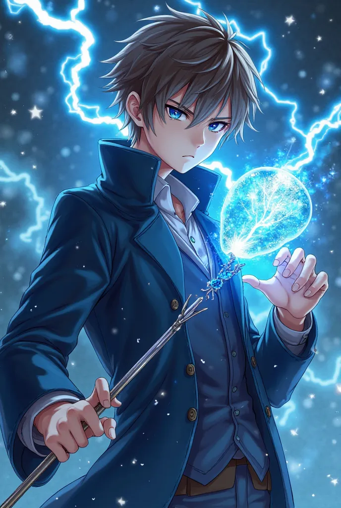 Create a young wizard from 1,70 with straight brown and short hair, Eyes that came out blue energy and an angry face, and he wears a dark blue overcoat and a dark blue suit with a staff that has a blue emerald on top and he carries with him a magic bag. Ma...