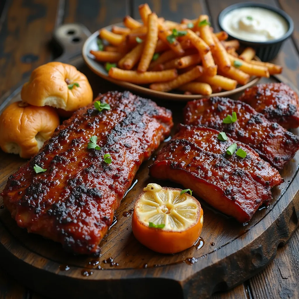 generates a ultra realistic photo taken from above of various American BBQ smokehouse style food dishes, casual and natural, the photograph is taken in a restaurant specializing in BBQ, 4k, high definition