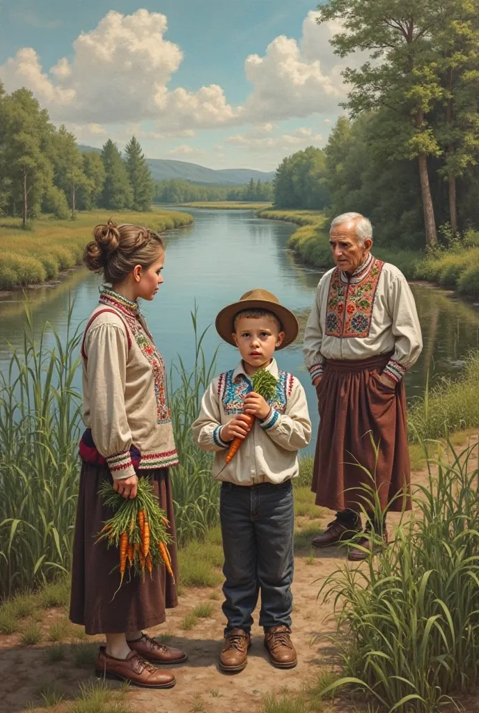 **Main Motif:** Ukrainian landscape featuring the Desna River with reeds.

**Individual Scenes:**

1. A young Ukrainian boy in an embroidered shirt holds a freshly pulled carrot.

2. The same boy, with a frightened expression, gazes at a painting of "The L...