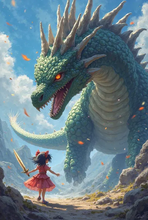 An anime loli fighting a dragon 