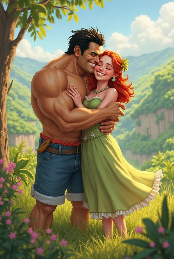 Paulie from One Piece may be Moreno and is hugging Fiona from Shrek