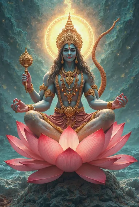 Lord Brahma who has four heads representing the four vedas is born from the lotus that emerged out of the navel of Lord vishnu who sleeps in the cosmic ocean on his divine serpent shesh naag