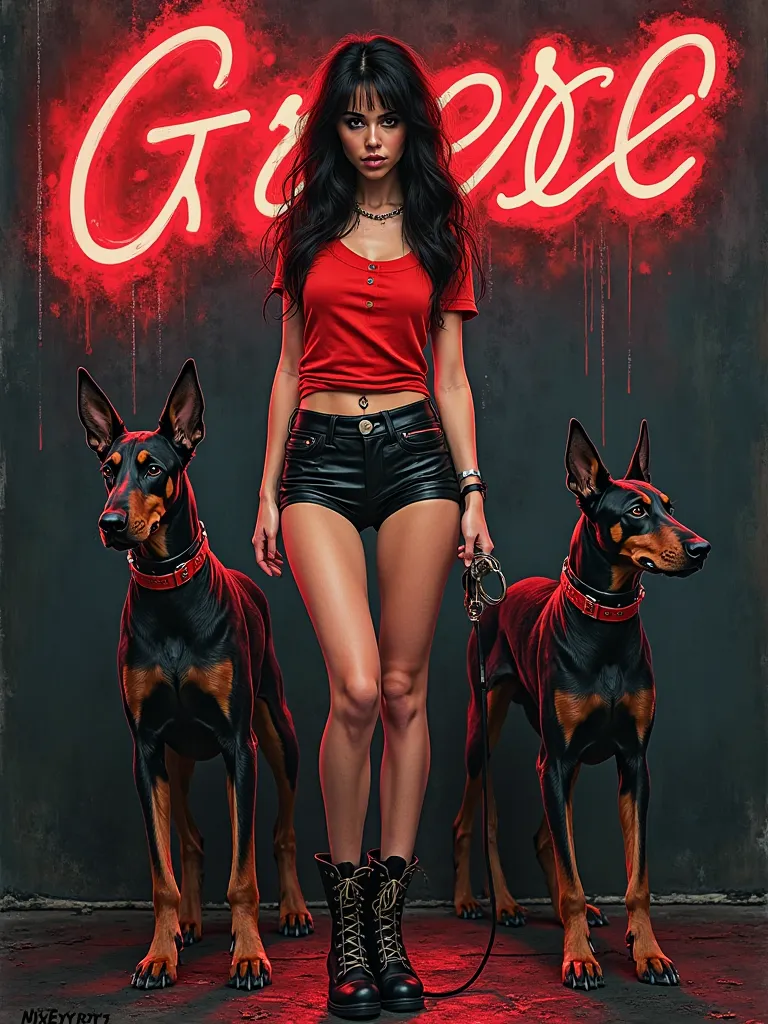  surreal , illustration on a dark background of a beautiful woman Britney Spears, full length, bold eye gaze, daring beauty , black hair, masterpiece on either side of her keeps Doberman on a leash, 's incredible concept. A unique. emphasizing the perfect ...