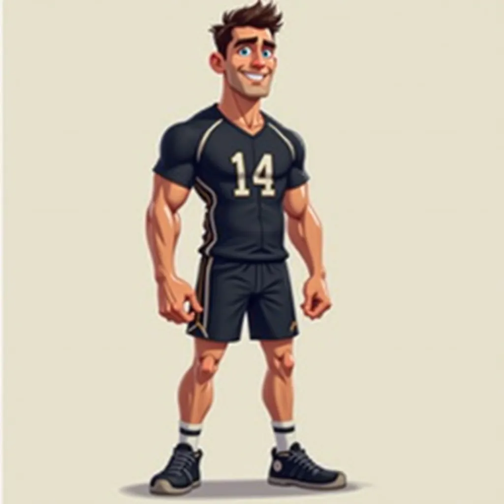 Create a Cartoon of a Skinny Man with a Square Face, blue eyes and thick eyebrows wearing a black team jersey 