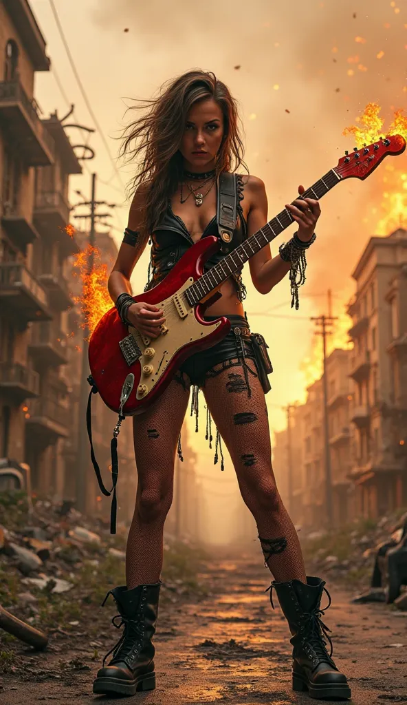 A fierce female rock guitarist stands in the middle of an abandoned city street after the apocalypse, playing her flaming electric guitar. She wears a rugged, battle-worn leather outfit with torn fishnet stockings and heavy boots. The city around her is in...