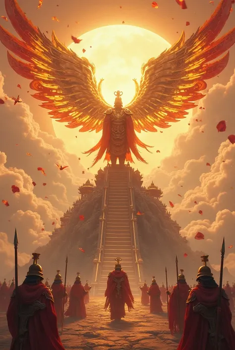 background: A majestic heavenly kingdom with Chinese temples floating in the clouds, illuminated by golden light.
center: Emperor in luxurious Chinese armor, standing on top of a mountain or temple stairs, behind him is huge golden or fiery wings, decorate...