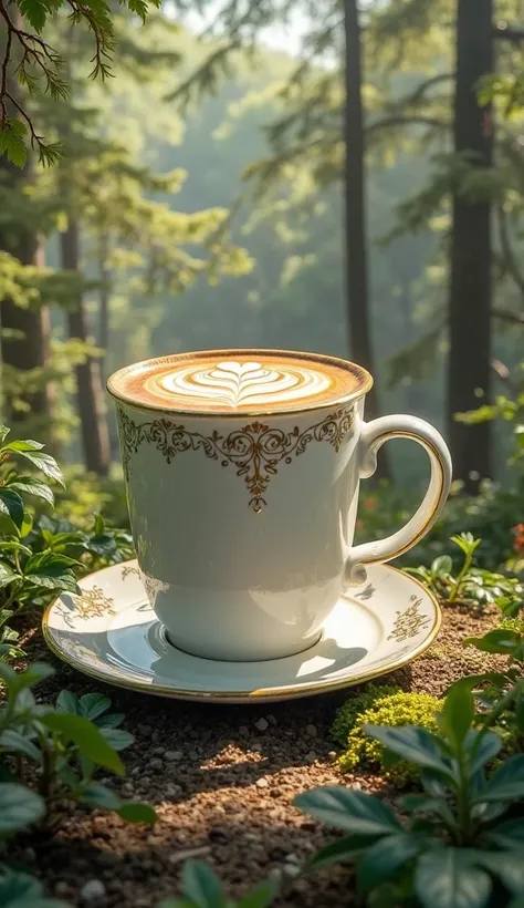 Picture a colossal coffee mug villa standing gracefully in the heart of a lush, tranquil forest. The exterior is a pristine white, resembling ceramic, with an ornate handle that serves as a whimsical patio. The roof is artfully designed to mirror intricate...