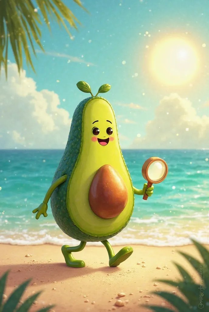 
(The sun is shining, the waves of the sea sound softly. Aguacatito, an avocado with legs and a big smile, walks on the sand with a magnifying glass in its hand.)