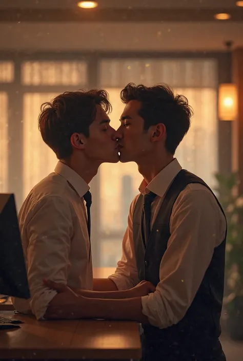 A clear picture of 2 male receptionist in their 20s at the desk kissing 