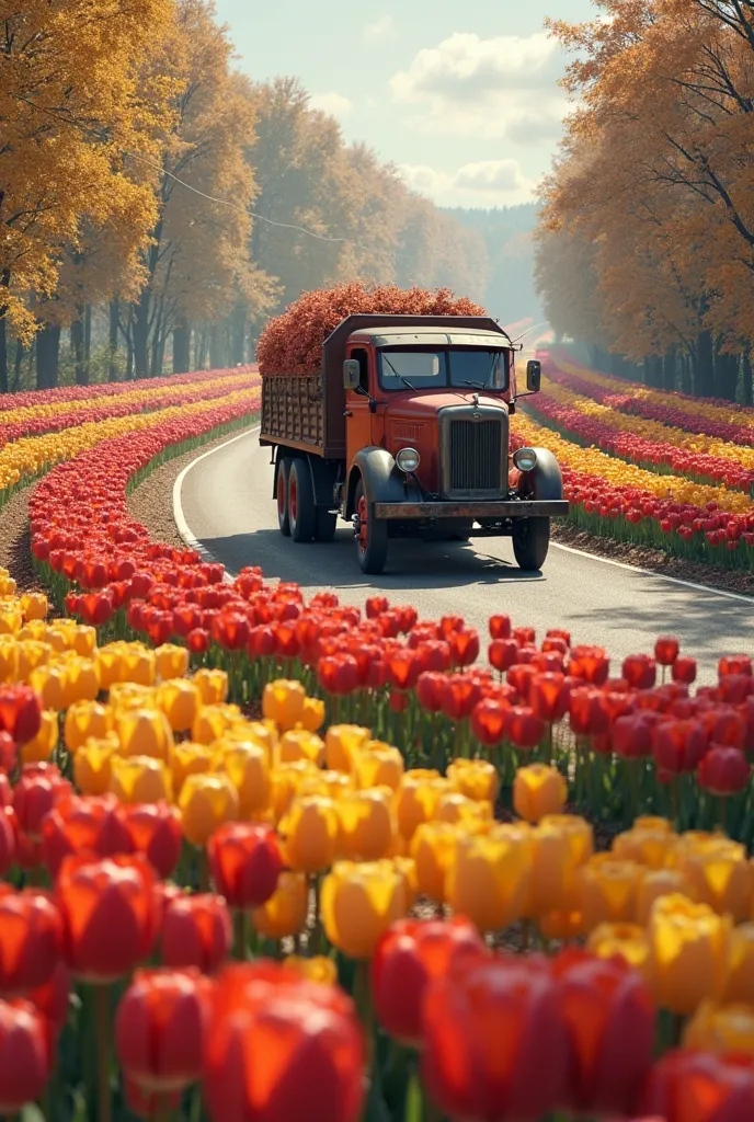 Make a truck drive and have lots of different tulips , the truck was driving along the road, they were at home in a circle like in Rome 