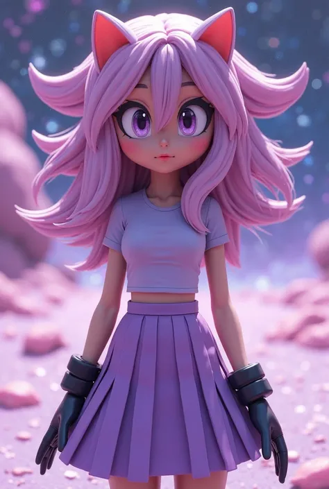 An image in the style of Sonic, the film, of a hedgehog Mauve pastel purple woman with medium hair in waves like a noodle up her waist with a book-like partition in her hair, with her hair starting from the root in the middle, equal parts of her hair, with...