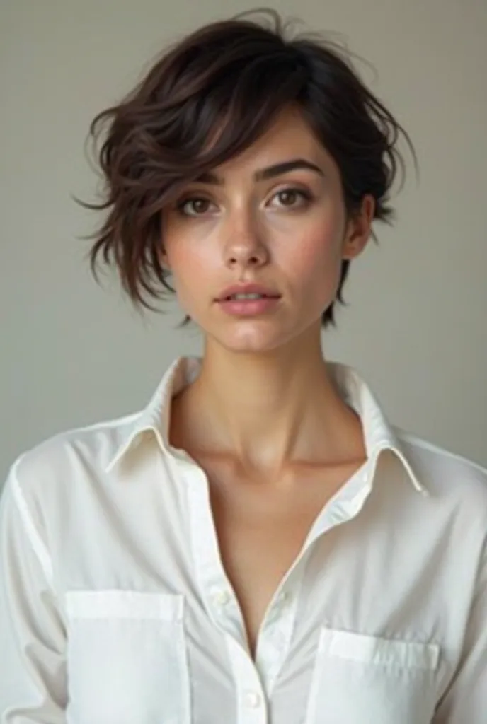 A woman, 27, Iranian, black hair (short wolf cut hair), dark brown hair, white skin tone, wearing a white shirt, athletic body, portrait, realistic, hd