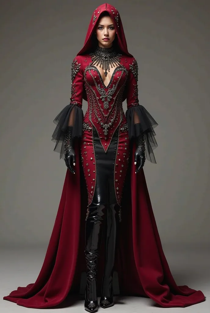 "A women's outfit inspired by the Ottoman era, designed for 2025. The outfit features black tulle gloves adorned with stones, long black stiletto boots, and most importantly, a dark red, mermaid-style gown with a hood, embellished with stones."