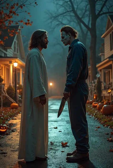 "Ultra-realistic, cinematic, 8K image of Jesus Christ standing face-to-face with Michael Myers on a dimly lit suburban street at night, decorated with eerie Halloween decorations. Jesus, positioned on the left, wears a flowing white robe with long sleeves....