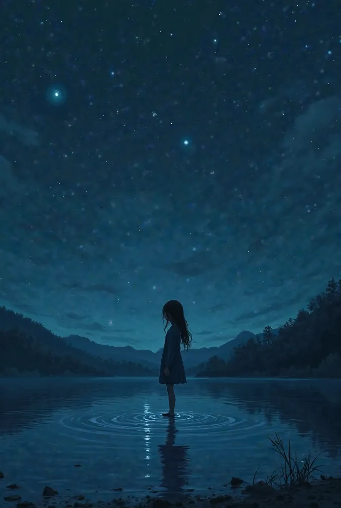 Night sky by the lake, gentle waves rock the shore, a girl standing on the water's edge with her face raised up - she looks like she's waiting for something, The boss herself does not understand, the reflection of a girl in the water is different from her ...