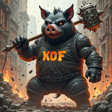 Black pig fighter wears shirt with text "KOF" and carry a mace