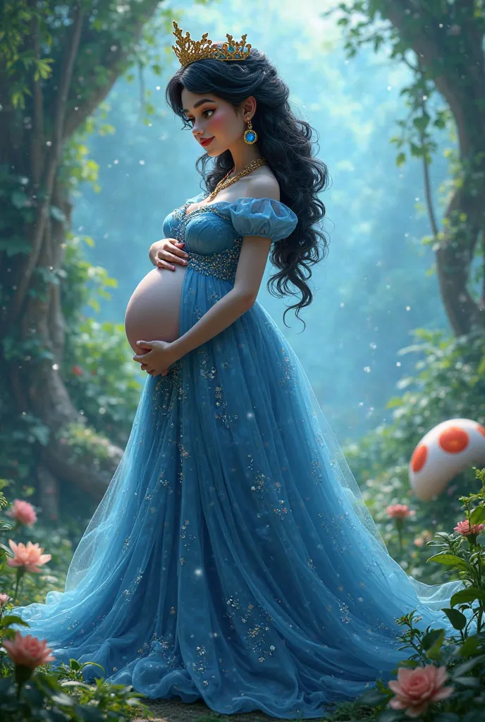 Pregnant Super Mario princess in blue dress with dark hair 