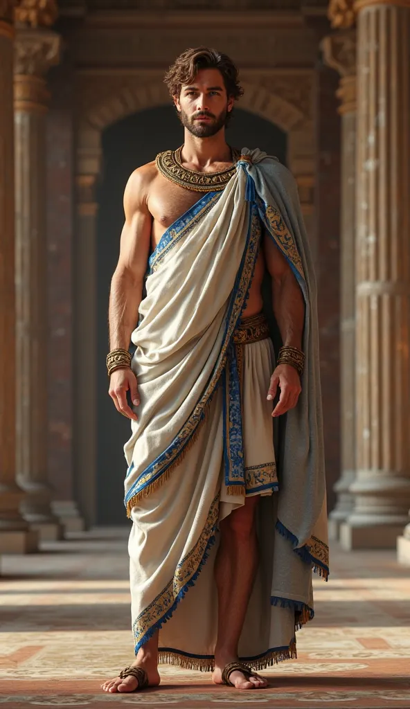 Front view , Full-body  looking at viewer, sole, Antonius standing in an ancient Roman palace, a male is  41 years old, handsome,( wave perm , brown hair , serious), normal body,  ((An ancient Roman emperor wearing traditional imperial attire, Including a ...