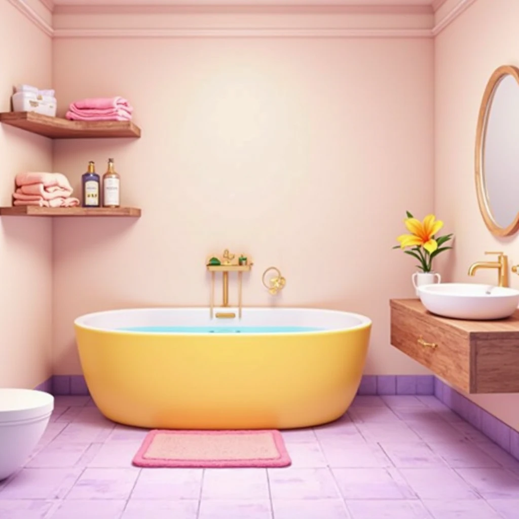 2d casual game illustration cozy bathroom illustration in soft pastel tones. At the center, a yellow freestanding bathtub filled with water. The floor is covered with purple-pink tiles, and a pink mat lies in front of the tub. To the right, a modern floati...