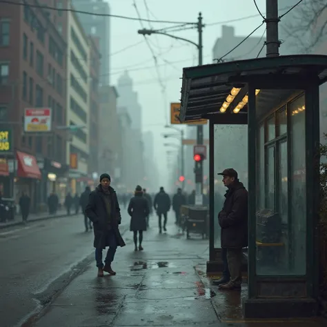 generates a hyper realistic photo of a bus stop in Brooklyn, the day looks cloudy, you can see some blurry people in the distance