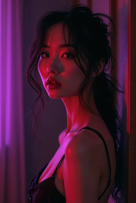 Create an image about a beautiful Asian girl being sexy, Sensual and perverse being naked in a room with purple lights in the background