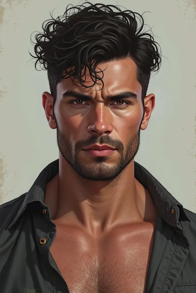 Generate digital art-style images of a man with Italian-Russian traits, short curly black hair,  almond eyes black , high quality, large pectorals, open shirt 