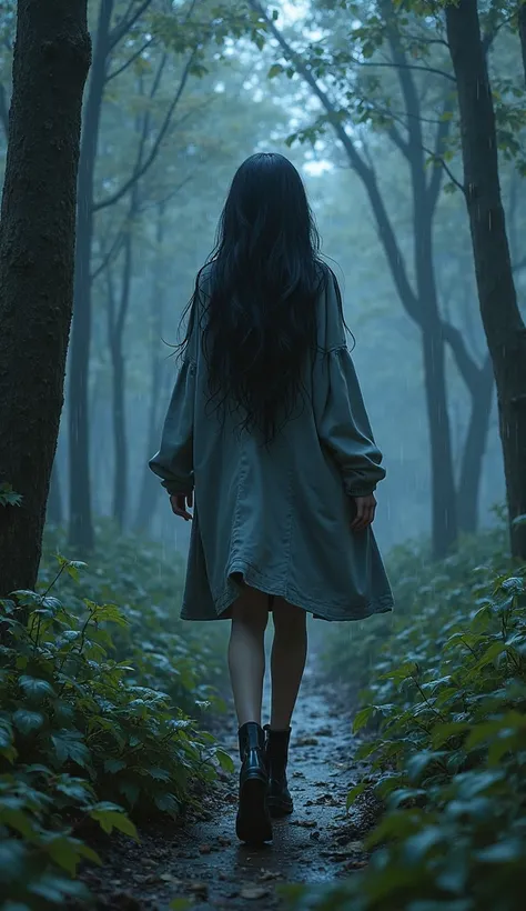 Beautiful girl, long black hair, in a long gray coat with a hood, in black boots, bare legs, walking in the rain at night in the forest, against the background of a night forest